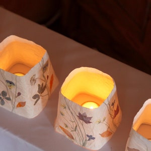 Tealight made of tissue paper with pressed flowers and plants. Table decoration, balcony decoration, terrace lantern image 4