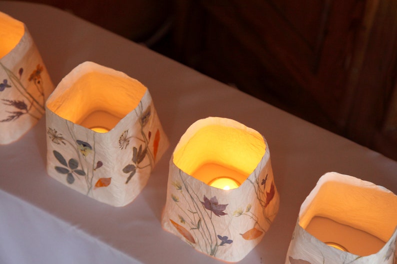 Tealight made of tissue paper with pressed flowers and plants. Table decoration, balcony decoration, terrace lantern image 4