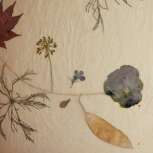 May include: A pressed flower art piece featuring a variety of dried flowers and leaves, including a purple flower, a yellow flower, a brown leaf, and a green stem. The flowers are pressed onto a cream-colored background.
