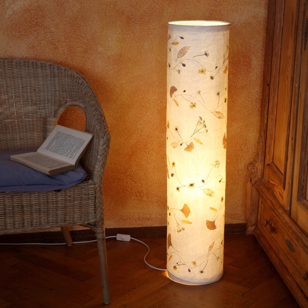 Light column 20 made of tissue paper with ginkgo, chamomile, horned violet... floor lamp, sofa lamp, standing lamp