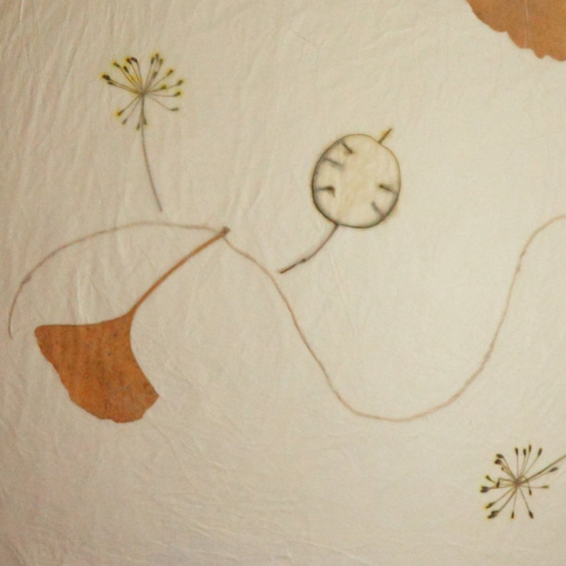 May include: A white background with pressed botanicals, including a brown ginkgo leaf, a round seed pod, and two delicate yellow flowers.