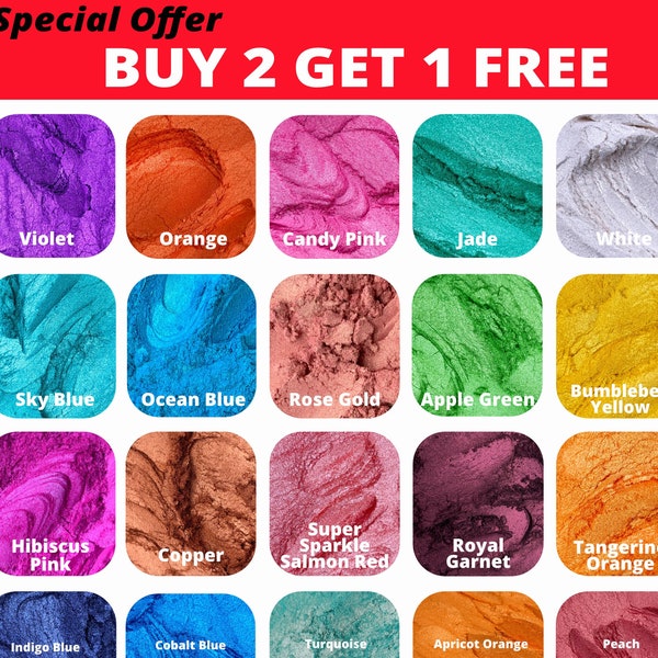BUY 2 Get 1 FREE. Premium Metallic Pearl Shimmer Mica Pigment Epoxy Resin, Soap, Bath Bomb, Soap Making, Candle, Slime, Nail Polish/Art