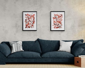 One of a Kind Abstract Calligraphic Wall Art – Original Ink Artwork 222 (Two-part series)