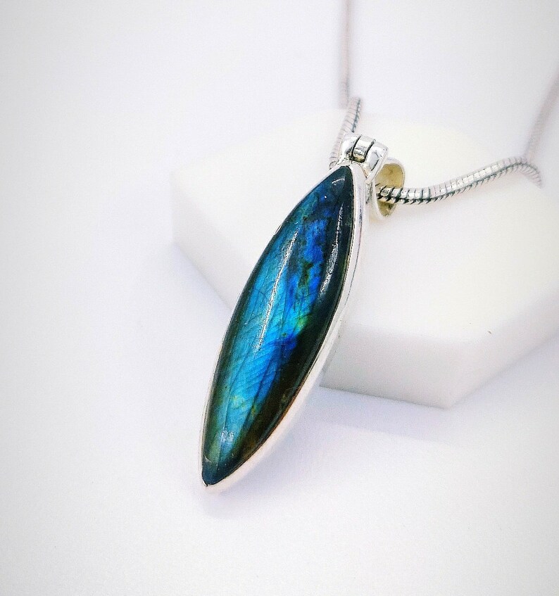 Spectrolite Pendant, 925 Sterling Silver Pendant, Labradorite Necklace, Black Moonstone, Boho Jewelry Anniversary Gift, Christmas Gift Marquise