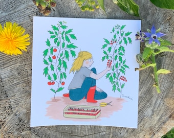 Carte postale maraîchère / Postcard Plantgirl / Illustration Potager
