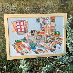 Pôster A4 rue St Malo Brest // gato aquarela Bretanha