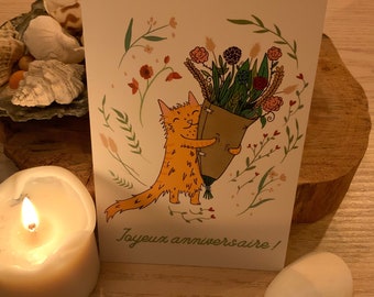 Birthday cat postcard // happy birthday cat // flowers // postcard