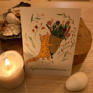 Carte postale anniversaire chat // happy birthday cat // flowers // postcard