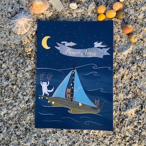 Carte postale bonne année nouvel an / carte de vœux nouvelle année / carte postale chat bateau