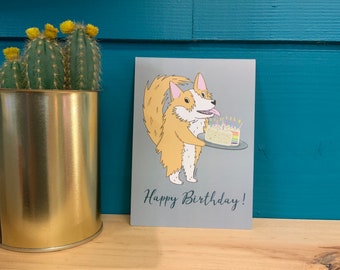 Postcard Corgi // Happy birthday // Birthday // Illustration // Rainbow cake // postcard