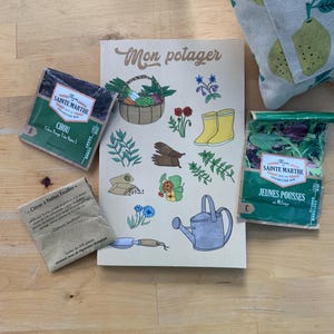Peut inclure: Un ensemble de sachets de graines pour le jardinage, comprenant 'Chou' (chou), 'Jeunes Pousses' (jeunes pousses) et 'Citron à Petites Feuilles' (citron à petites feuilles). Les sachets sont sur une table en bois avec un carnet qui dit 'Mon potager' (Mon potager) et qui contient des illustrations d'outils de jardinage et de plantes.