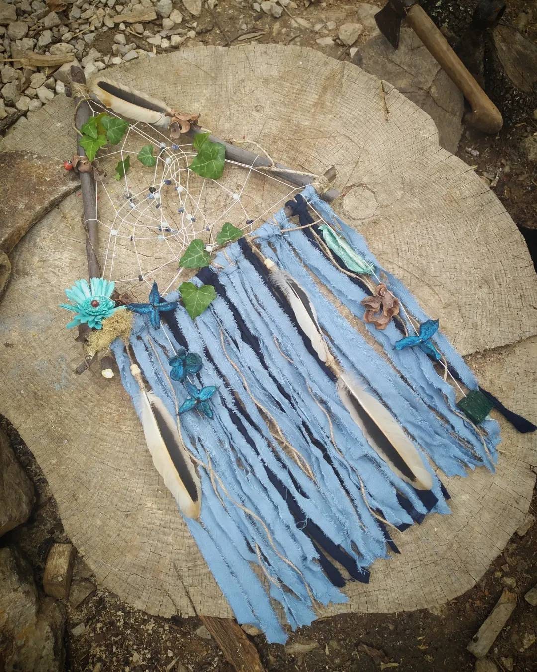 Attrape Rêve Dreamcatcher Suspendu Triangle Bleu Fleurit Pierre Naturelle