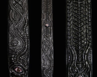 LATEX/Leather GUITAR STRAPS - Biomechanical Black & Grey - hand painted adjustable instrument strap H.R. Giger inspired horror alien