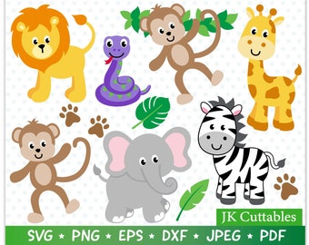 Jungle Animals SVG, Safari SVG, Giraffe svg, Lion svg, Elephant svg, Monkey svg, Zebra svg, Cricut Cut Files, Silhouette