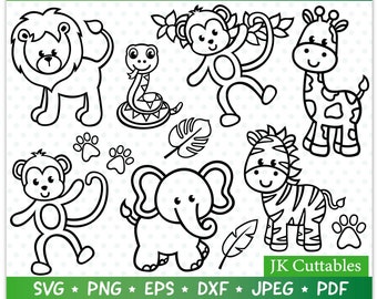 Jungle Animals SVG Bundle, Safari Animals Clipart, Giraffe svg, Lion svg, Elephant svg, Monkey svg, Zebra svg, Cricut Svg Files