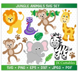 Animais da Selva SVG, Safari SVG, Girafa SVG, Leão SVG, Elefante SVG, Macaco SVG, Zebra SVG, Arquivos Cricut Cut, Silhueta