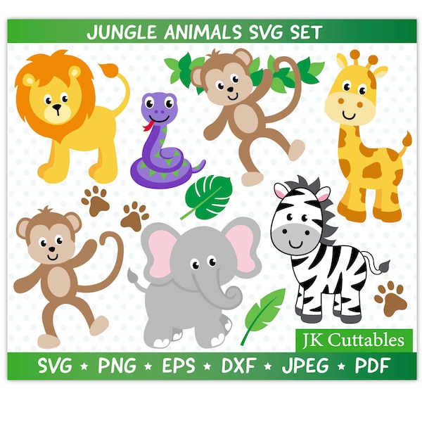 Animaux de la jungle SVG, SVG Safari, girafe, Lion svg, svg éléphant, singe svg, svg zèbre, fichiers de coupe Cricut, Silhouette