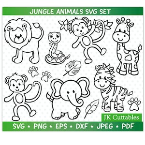 Jungle dieren SVG-bundel, safari dieren clipart, giraffe SVG, leeuw SVG, olifant SVG, aap SVG, zebra SVG, Cricut SVG-bestanden