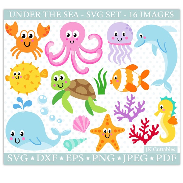 Onder de zee SVG, Zeedieren SVG, Oceaan svg, Onder De Zee Clipart, Svg Bestanden, Walvis SVG, Schildpad svg, Onder De Zee Gesneden Bestanden, Svg Bundel