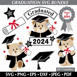 卒業ベア SVG セット、卒業クリップアート、卒業キャップ SVG、ロゼット SVG、スクロール SVG、2024 年度卒業クラス SVG、Cricut SVG ファイル
