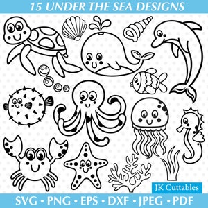Unter dem Meer SVG Bundle, Meerestiere SVG, Schildkröte svg, Wal svg, Delphin svg, Krabben svg, süße Meerestiere, Seestern svg, Cricut svg-Dateien
