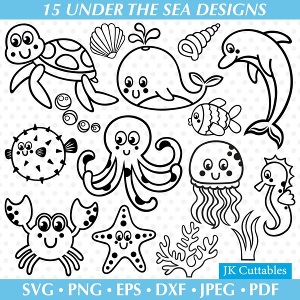 Under the Sea SVG Bundle, Ocean Animals SVG, Turtle svg, Whale svg, Dolphin svg, Crab svg, Cute sea animals, Starfish svg, Cricut svg files