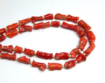 Perles Corail Rouge Italien Naturel – Tube Poli, 16 Pouces, 109,70 Carats, Fait Main