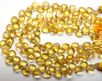 9 Inches Faceted Citrine Heart Beads, Natural Gemstone Citrine Briolette Beads Size 6 To 7 mm Top Quality