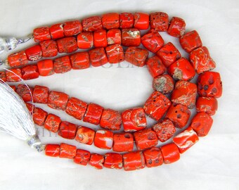 Italian Red Coral Tube Beads Natural Gemstone Strand (7 Inches)