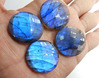 Faceted Blue Flash Labradorite Coin Bead Natural Gemstone (30mm)
