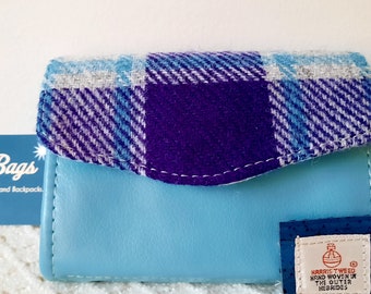 HARRIS TWEED® Mini NCW Wallet, Purple Plaid Harris Tweed® Wallet, Blue Faux Leather & Harris Tweed™ Mini Clutch Wallet, Mothers Day Gift.
