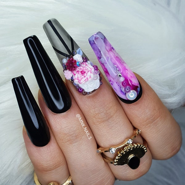 Press on nails - FENTY Black sheer and purple nails, 3D Flower Roses nailart Claws, Handmade custom long coffin Fake nails, Cosplay event