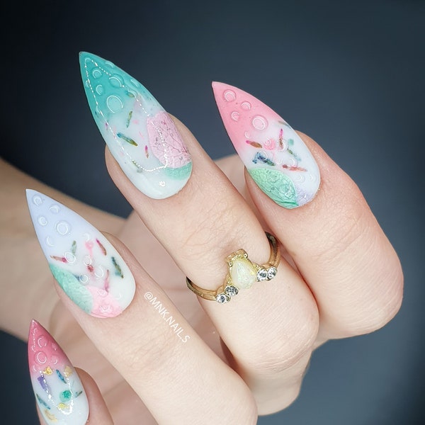 Press on nails - Flower milk bath - Spring pastel babycolor handmade - Claws - Fake nails - False nails - Long nails - Custom nails