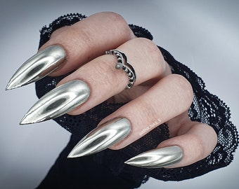 Silver mirror aesthetic Press on nails, Handmade Custom nails, witchy gothic Nails, Shiny stiletto long claws, Cosplay, summer Faux Ongles,
