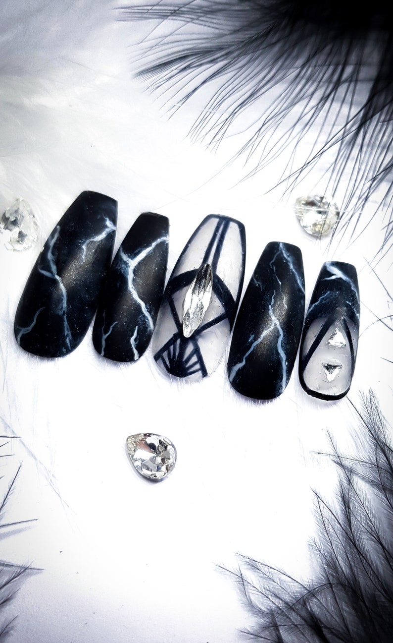 Press On Nails Black Storm Marble Faux Ongles Custom Nails Fake Nail False Nails