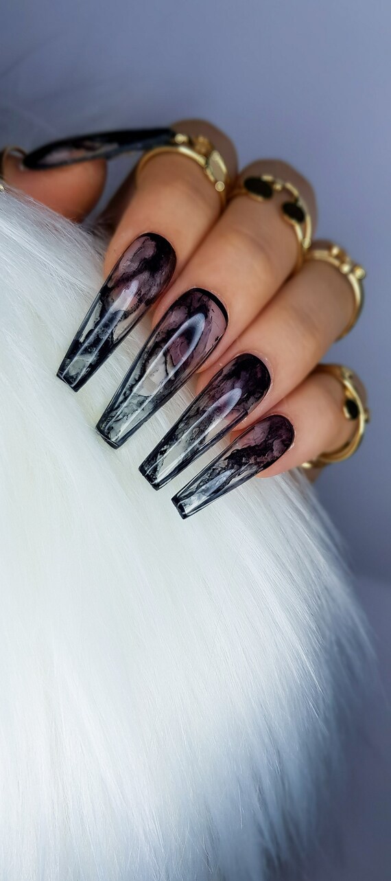 Press On Nails Black Smoke Marble Claws Transparent Faux Ongles Fake Nails Long Nails Nails Black Nails False Nails
