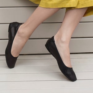 Handmade Square Toe Leather Slip On Ballet Pumps in Black. Soft, Foldable Flats & Travel Purse. Lightweight, Everyday Wear. Cocorose Shoes.