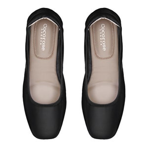 Handmade Square Toe Leather Slip On Ballet Pumps in Black. Soft, Foldable Flats & Travel Purse. Lightweight, Everyday Wear. Cocorose Shoes. image 2