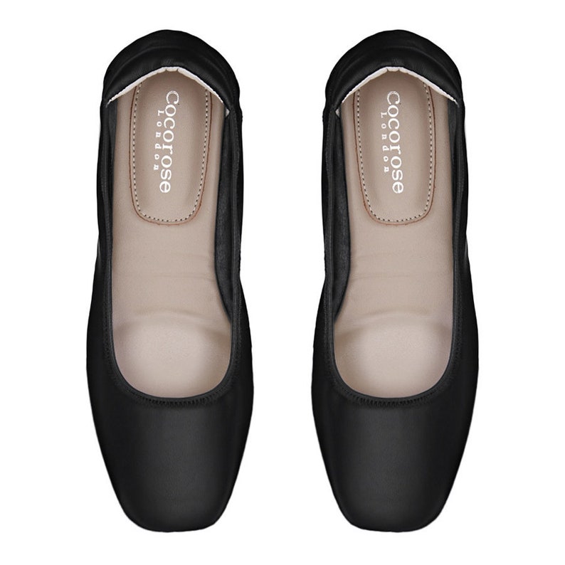 Handmade Square Toe Leather Slip On Ballet Pumps in Black. Soft, Foldable Flats & Travel Purse. Lightweight, Everyday Wear. Cocorose Shoes. image 2