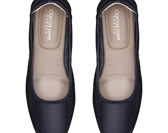 Cocorose Foldable Shoes - Barnes Ladies Leather Ballet Pumps with Square Toe