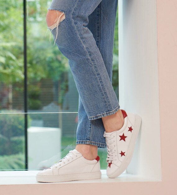 White Leather Sneakers With Red Stars. Cushioned for Comfort u0026 - Etsy