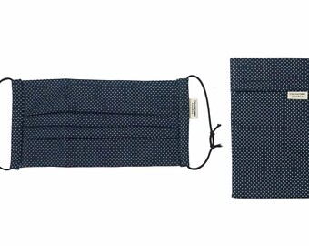 Pleated Cotton Face Mask with Nose Wire and Matching Pouch - Navy Polka Dots