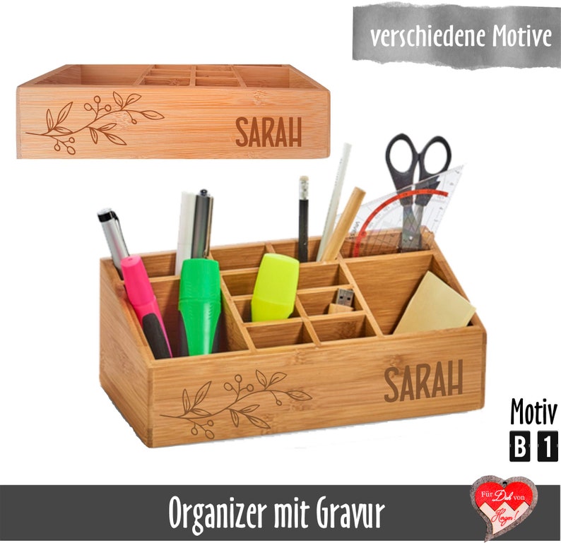 Personalisierter Schreibtisch Organizer mit 12 Unterteilungen Orga-Box mit Namensgravur Bild 2
