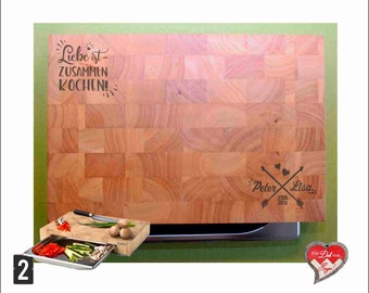 Personalisiertes Stirnholzküchenbrett mit Edelstahlschublade | Multifunktionsbrett mit Gravur | Hochzeitsgeschenk