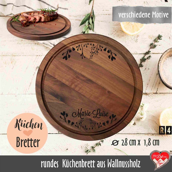 Rundes Küchenbrett aus Wallnussholz mit persönlicher Gravur | Personalisiertes Schneidebrett  | dunkles Brotzeitbrett