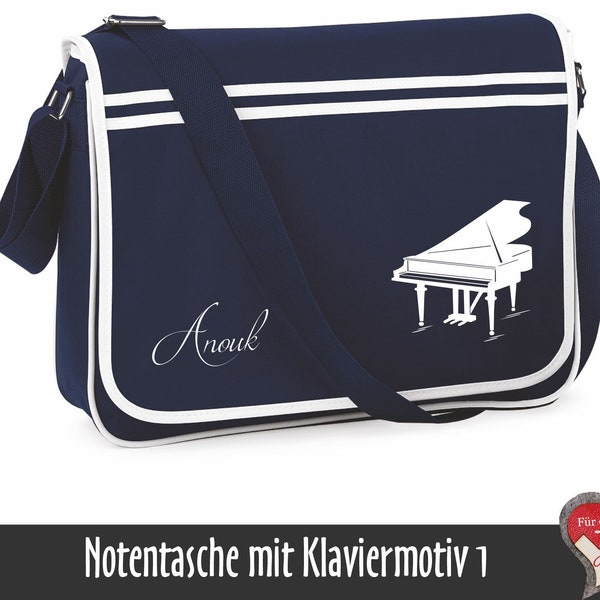 Personalisierte Notentasche mit Klaviermotiv, Name, Monogramm | Umhängetasche für den Klavierunterricht | Geschenkidee für Klavierspieler