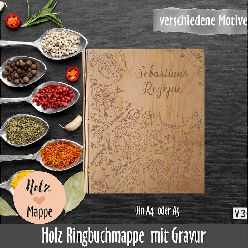 Personalisierter Holz Rezeptordner Din A4 oder Din A5 mit vollflächigem Motiv Holzmappe mit Gravur image 3