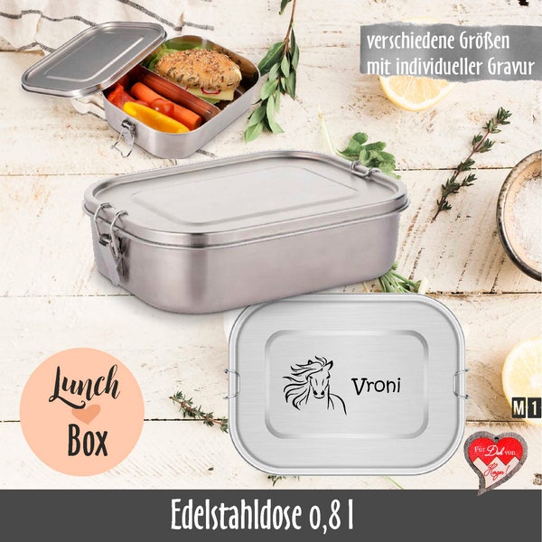 Personalisierte Brotdose aus Edelstahl 0,8 l mit variablen Trennsteg | Lunchbox mit Gravur | Vesperdose mit Name