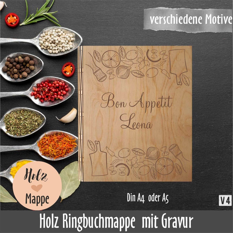 Personalisierter Holz Rezeptordner Din A4 oder Din A5 mit vollflächigem Motiv Holzmappe mit Gravur image 4