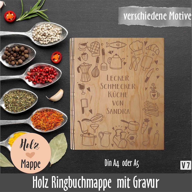 Personalisierter Holz Rezeptordner Din A4 oder Din A5 mit vollflächigem Motiv Holzmappe mit Gravur Bild 7